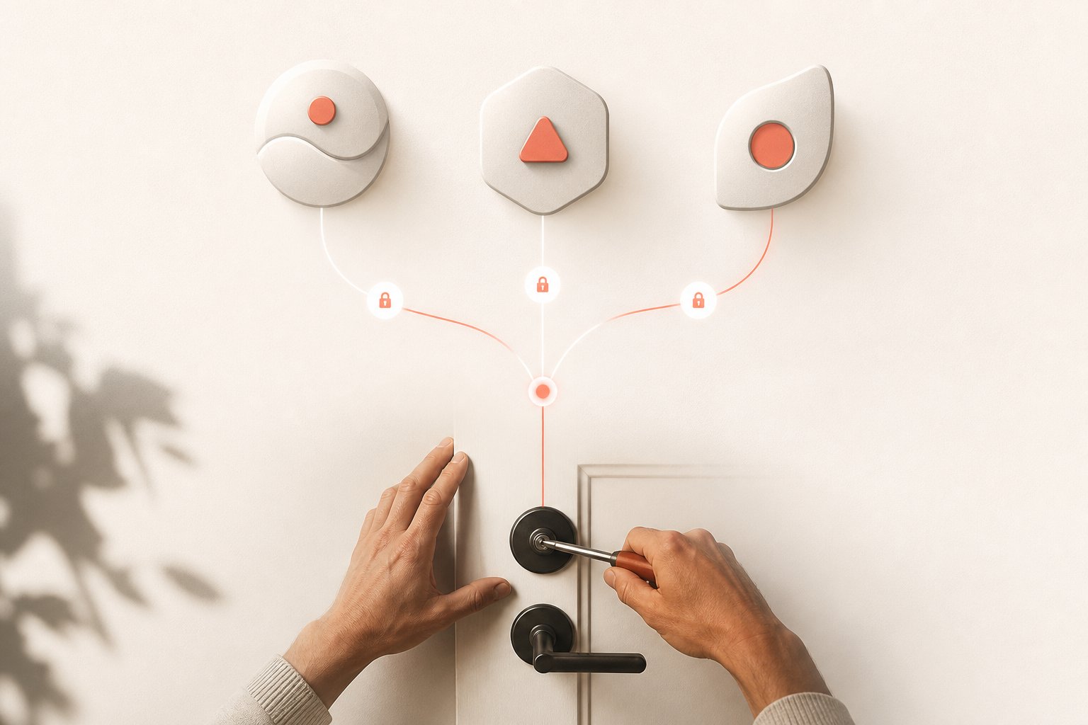 Abstract connected helpers working through an open door