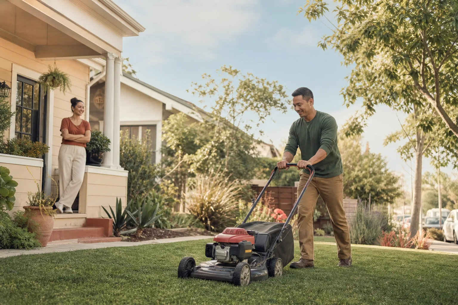 A local helper mowing a front lawn while a homeowner watches from the porch